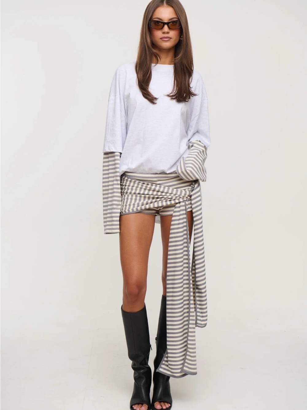 Striped Wrap Oversized tee & Mini skirt - Gray/White
